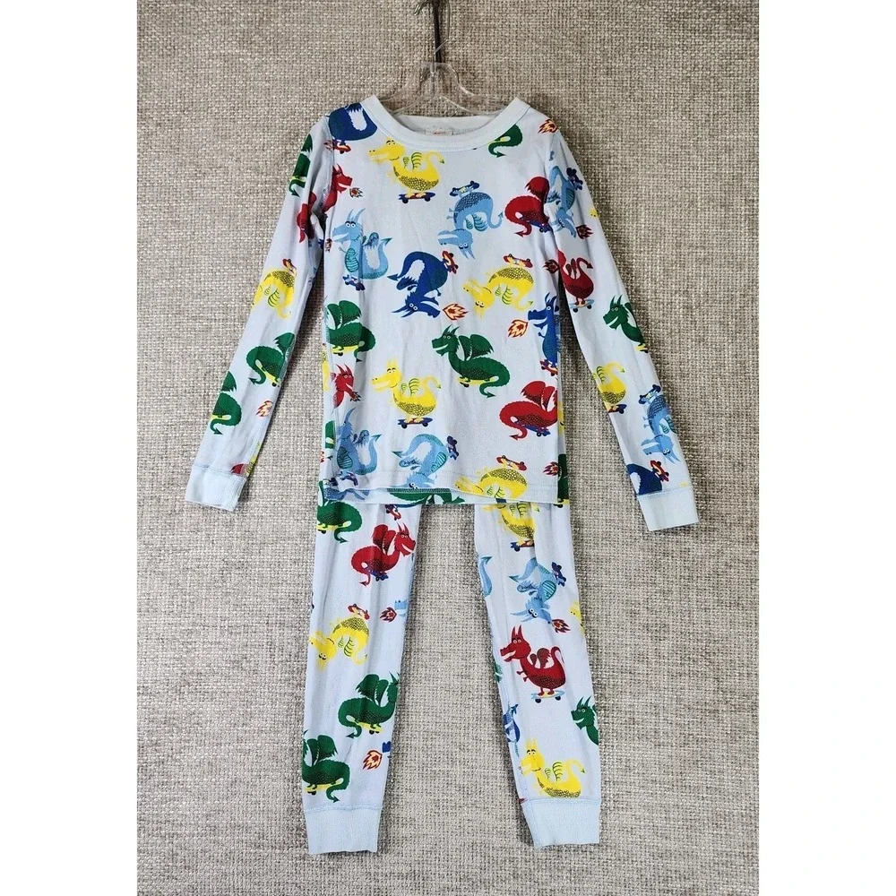 Hanna Andersson Dragons Pajama Set Kids 8 Light Blue Stretch Knit Organic Cotton